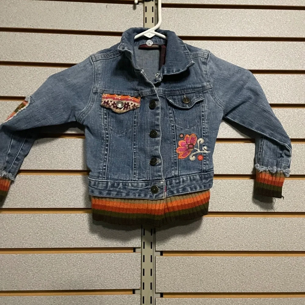 VTG Mary Kate and Ashley Denim Jacket Colorful Knit Trim Flower Embroidery Girls